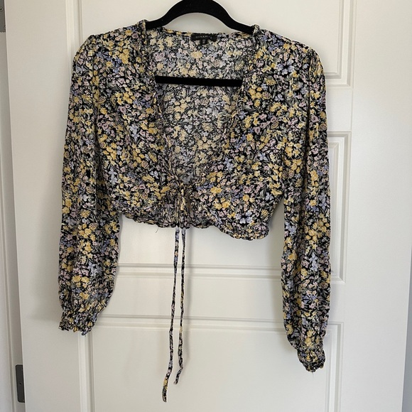 *3/$25* Dynamite Blue and Yellow Ruched Tie Front Crop Blouse - Picture 1 of 3